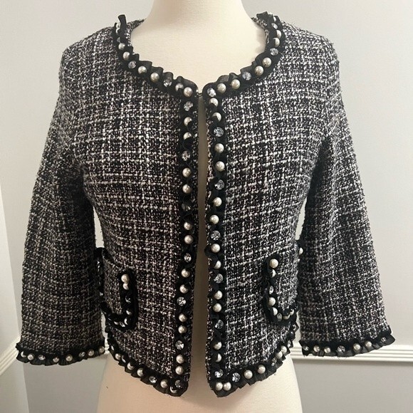 Maje Jackets & Blazers - Maje Tweed Blazer Cropped Embellished Faux Pearls and Rhinestones XS